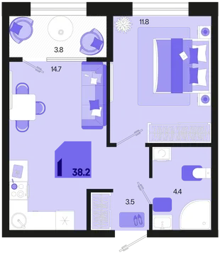 Планировка 1-комн. квартира, 38.2 м² ЖК «Первое место»