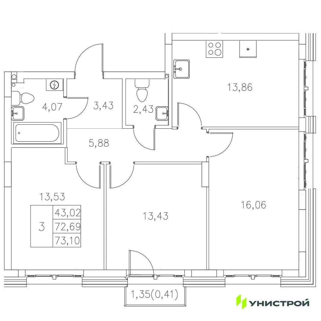 Планировка 3-комн. квартира, 73.1 м² ЖК «Statum»