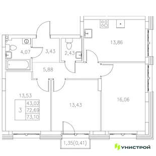 Планировка 3-комн. квартира, 73.1 м² ЖК «Statum»