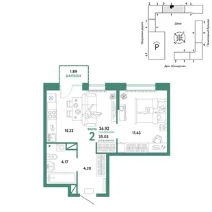 Планировка 2-комн. квартира, 36.92 м² ЖК «Юнион»