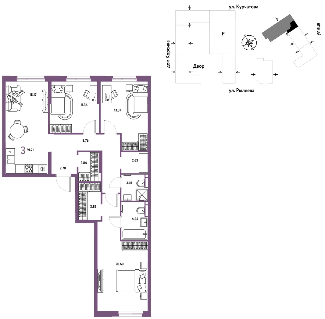 Планировка 3-комн. квартира, 92.16 м² ЖК «Остров-сад»