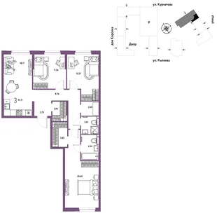 Планировка 3-комн. квартира, 92.16 м² ЖК «Остров-сад»