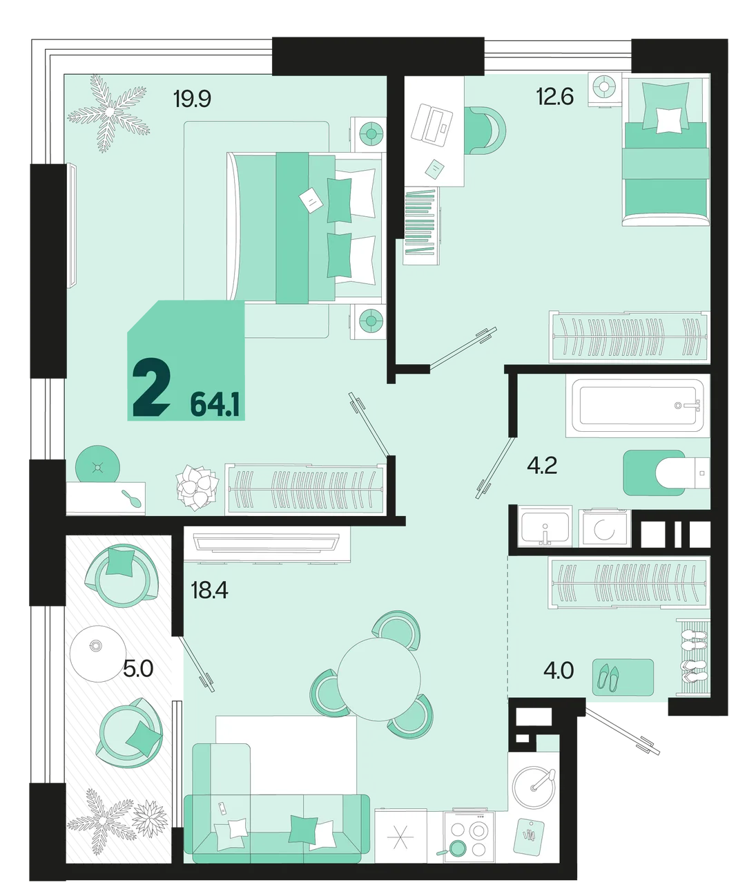 Планировка 2-комн. квартира, 64.1 м² ЖК «Первое место»
