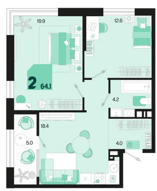 Планировка 2-комн. квартира, 64.1 м² ЖК «Первое место»