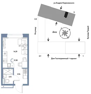 Планировка Студия, 21.38 м² ЖК «Микрорайон Домашний»