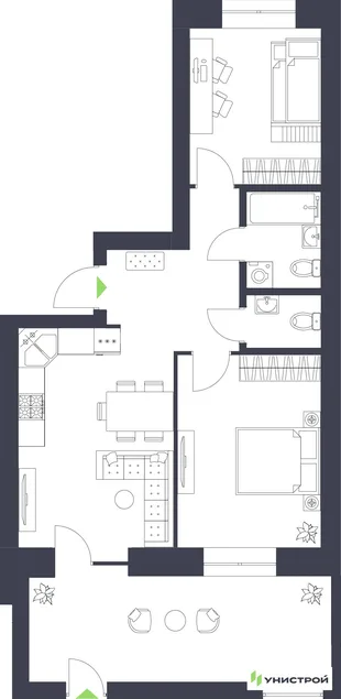 Планировка 2-комн. квартира, 61.62 м² ЖК «Царёво City»