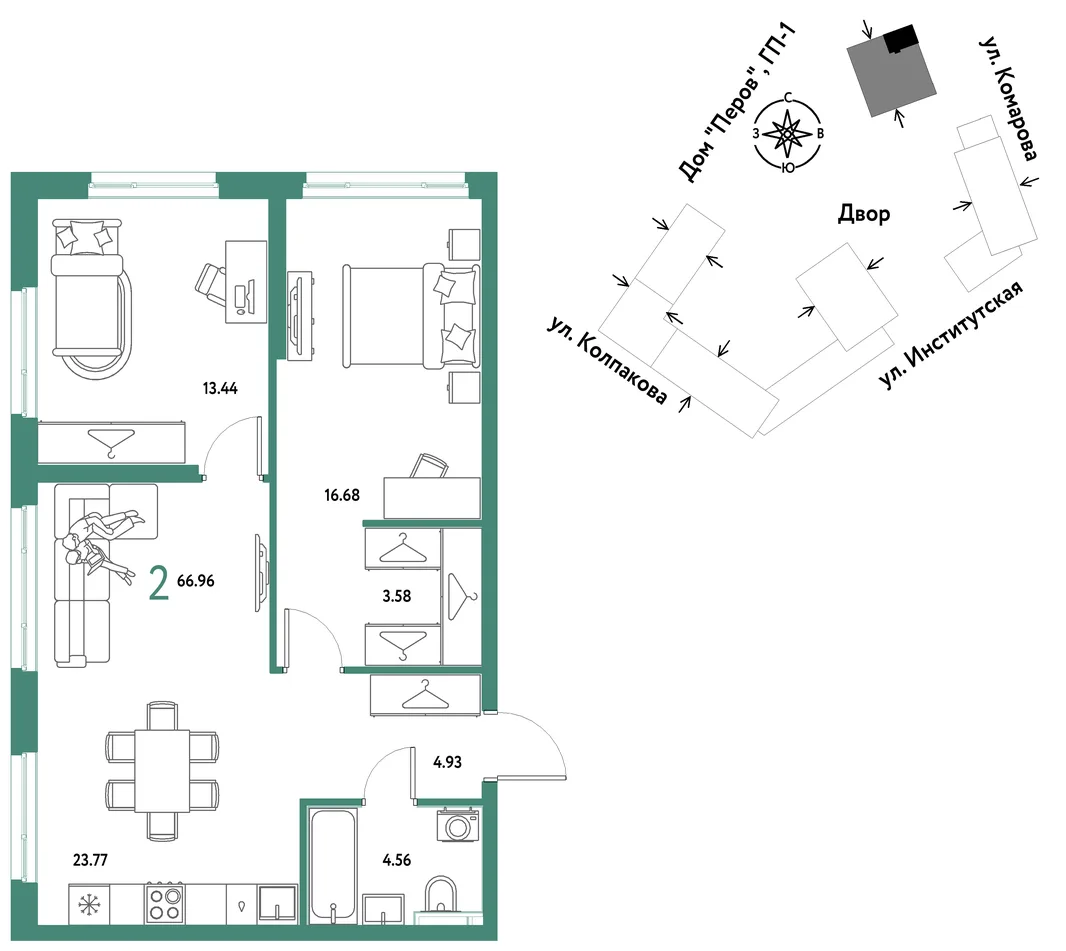 Планировка 2-комн. квартира, 66.96 м² ЖК «Страна.Парковая»