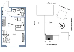 Планировка Студия, 24.69 м² ЖК «Сердце Сибири»