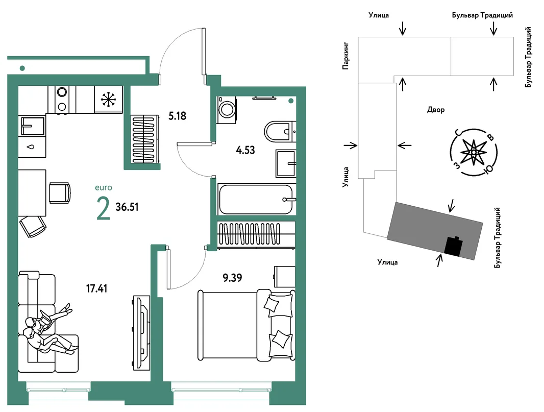 Планировка 2-комн. квартира, 36.51 м² ЖК «Микрорайон Домашний»