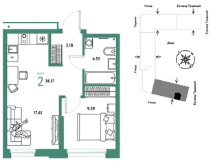 Планировка 2-комн. квартира, 36.51 м² ЖК «Микрорайон Домашний»