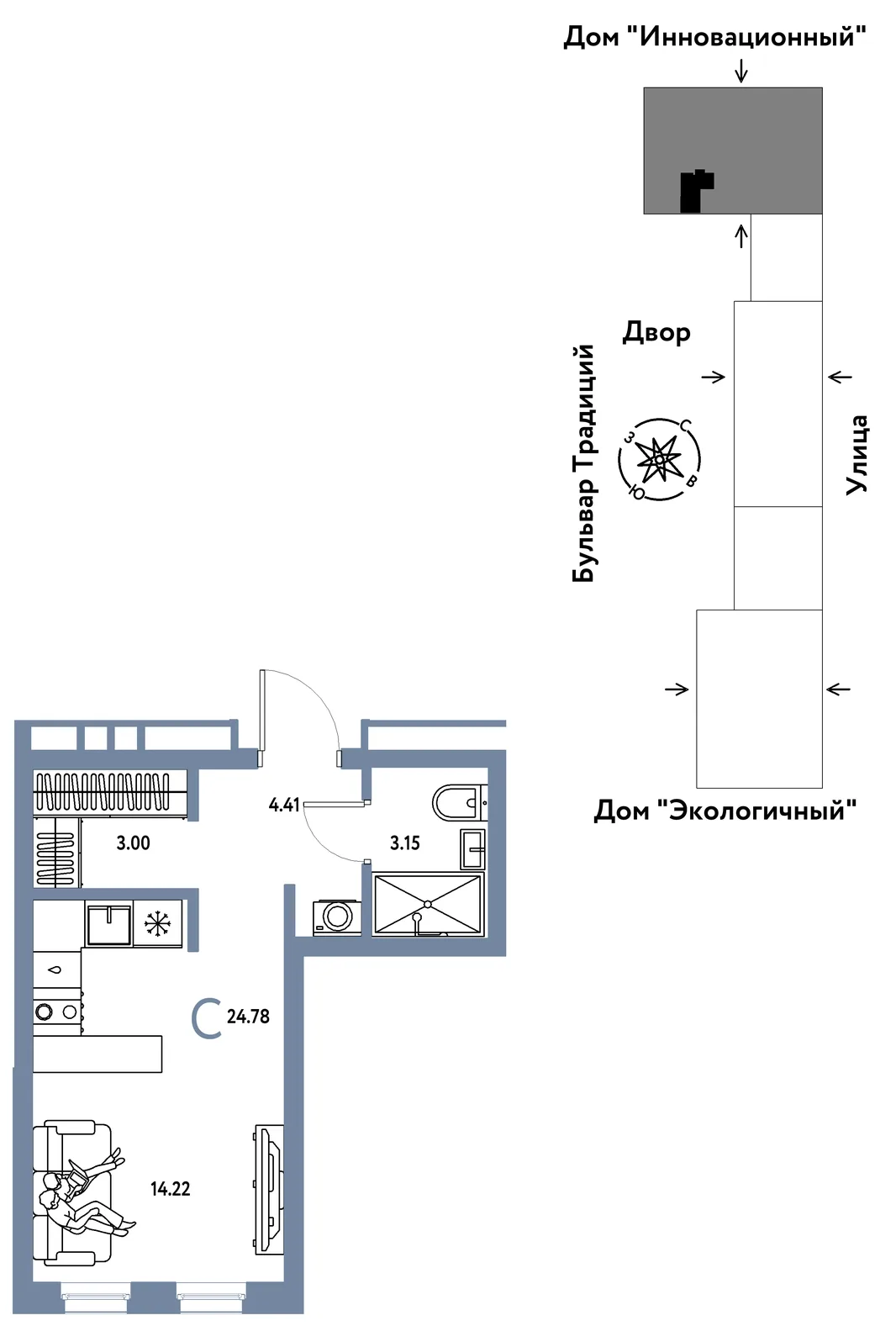 Планировка Студия, 24.78 м² ЖК «Микрорайон Домашний»