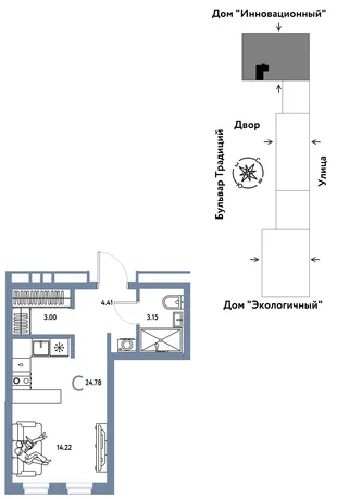 Планировка Студия, 24.78 м² ЖК «Микрорайон Домашний»