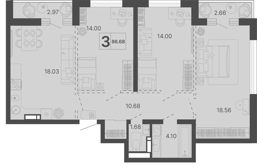 Планировка 3-комн. квартира, 86.68 м² ЖК «Светский лес»