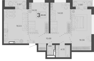 Планировка 3-комн. квартира, 86.68 м² ЖК «Светский лес»