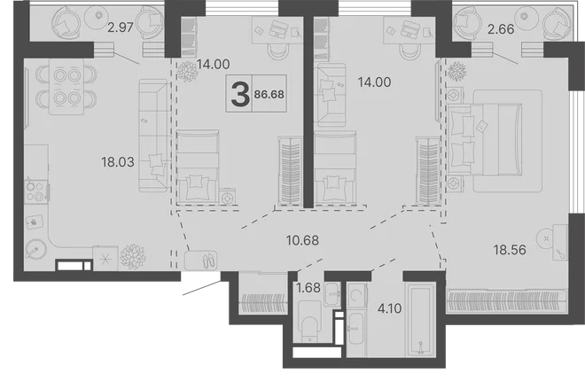 Планировка 3-комн. квартира, 86.68 м² ЖК «Светский лес» Планировка 3-комн. квартира, 86.68 м² ЖК «Светский лес»