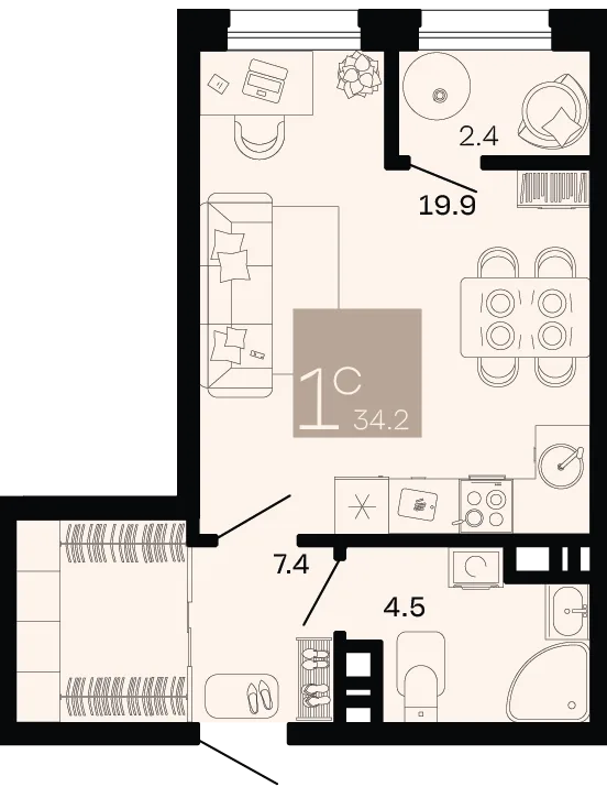 Планировка 1-комн. квартира, 34.2 м² ЖК «Хозяин морей»