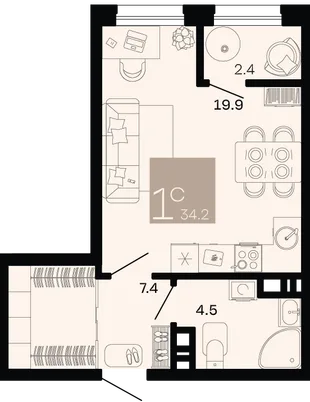 Планировка 1-комн. квартира, 34.2 м² ЖК «Хозяин морей»