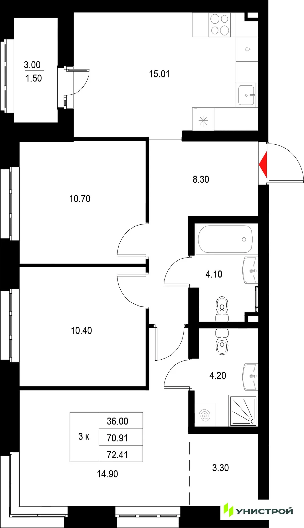 Планировка 3-комн. квартира, 72.41 м² ЖК «Уникод на Технической»