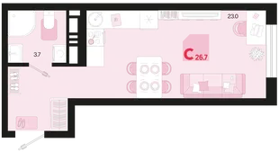 Планировка Студия, 26.7 м² ЖК «Первое место»