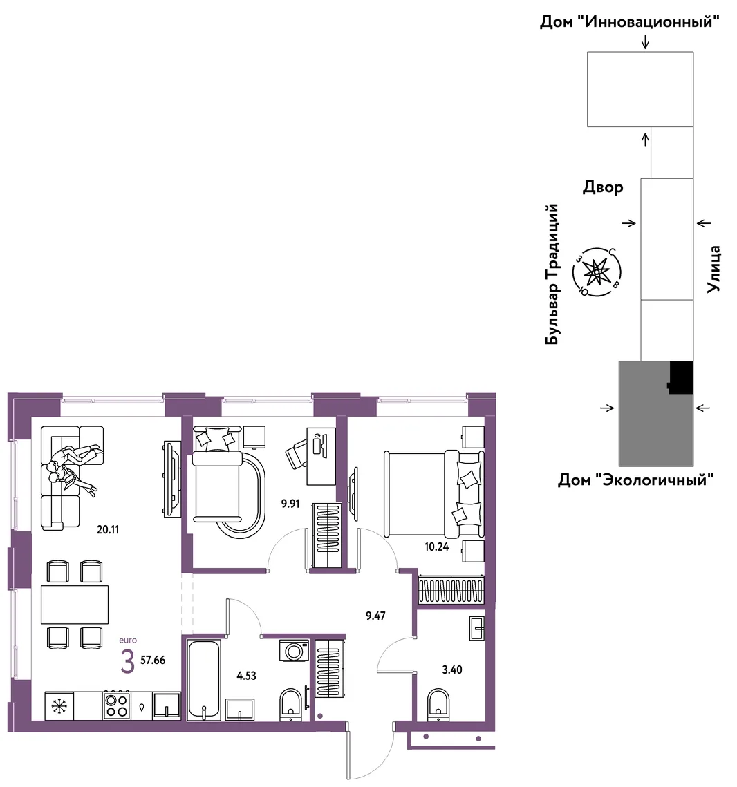 Планировка 3-комн. квартира, 57.66 м² ЖК «Микрорайон Домашний»