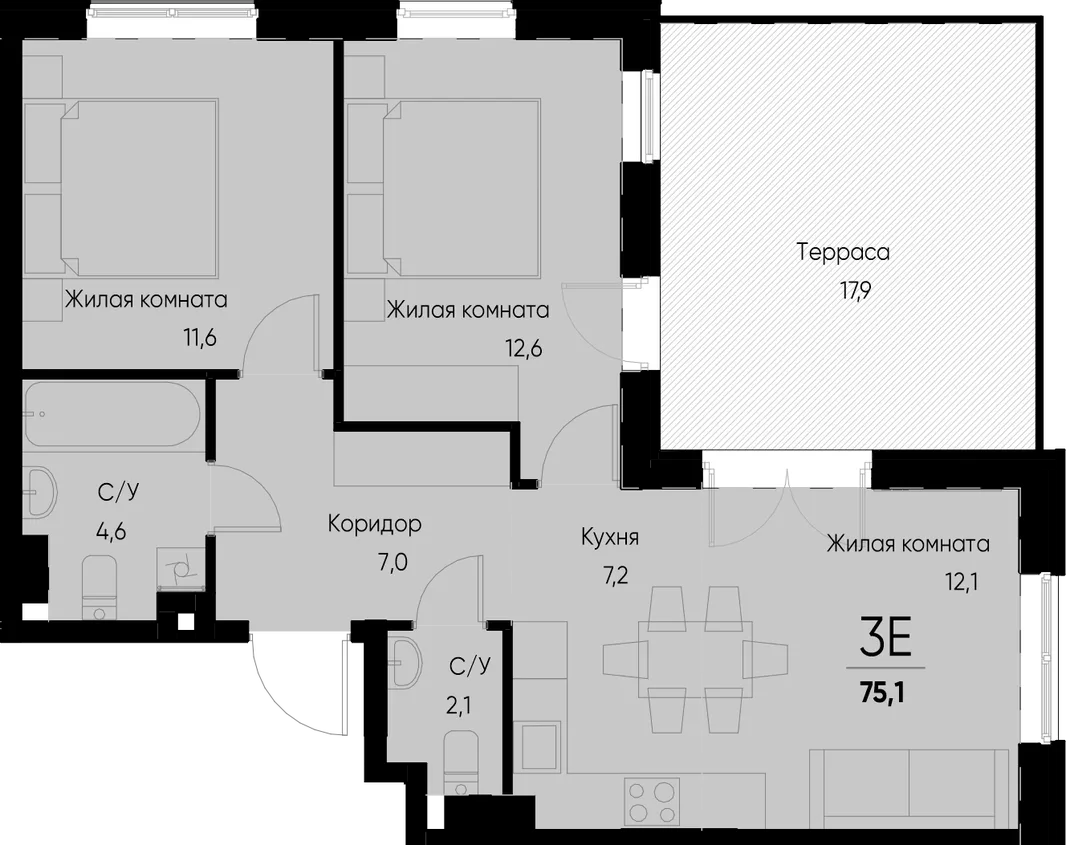 Планировка 3-комн. квартира, 74.9 м² ЖК «Васильевский остров»
