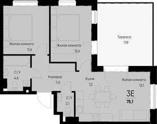 Планировка 3-комн. квартира, 74.9 м² ЖК «Васильевский остров»