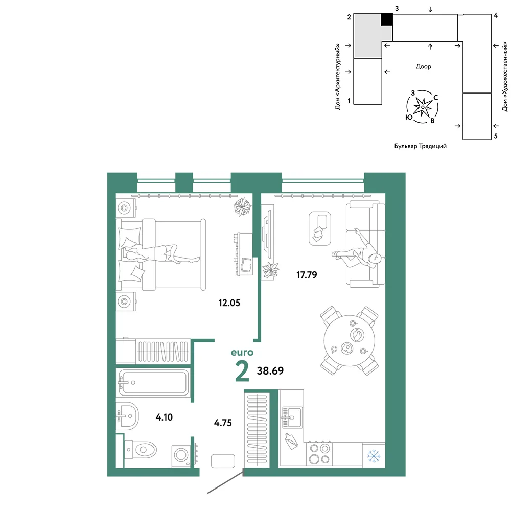 Планировка 2-комн. квартира, 38.69 м² ЖК «Микрорайон Домашний»