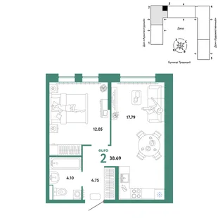Планировка 2-комн. квартира, 38.69 м² ЖК «Микрорайон Домашний»