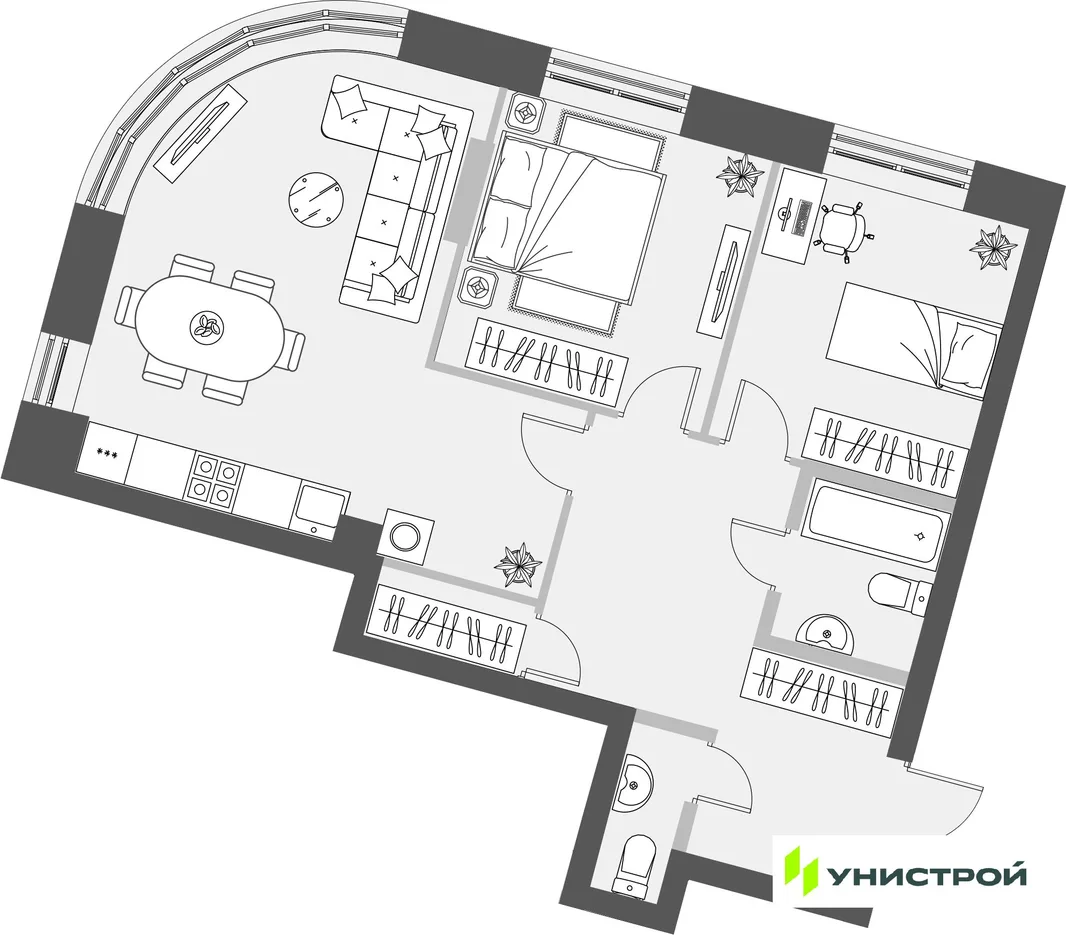 Планировка 2-комн. квартира, 71.36 м² ЖК «Уникум на Проспекте Победы»