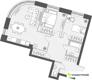 Планировка 2-комн. квартира, 71.36 м² ЖК «Уникум на Проспекте Победы»