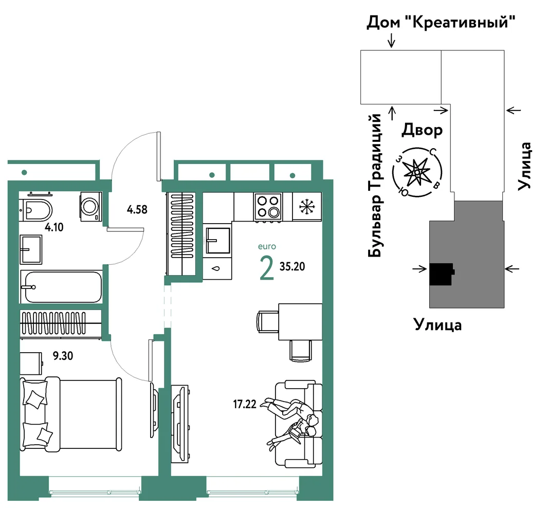 Планировка 2-комн. квартира, 35.2 м² ЖК «Микрорайон Домашний»