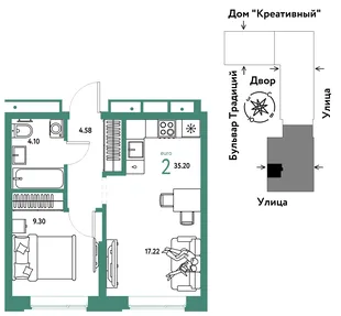Планировка 2-комн. квартира, 35.2 м² ЖК «Микрорайон Домашний»