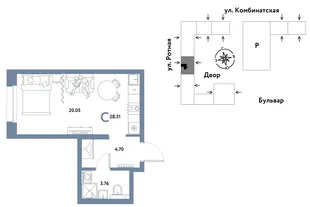 Планировка Студия, 28.47 м² ЖК «Уральский сад»