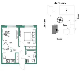 Планировка 2-комн. квартира, 37.09 м² ЖК «Европейский берег 2.0»