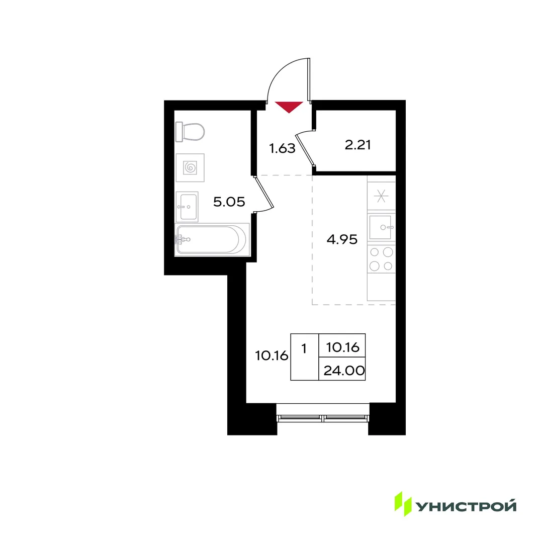 Планировка 1-комн. квартира, 24 м² ЖК «Уникум на Энгельса»