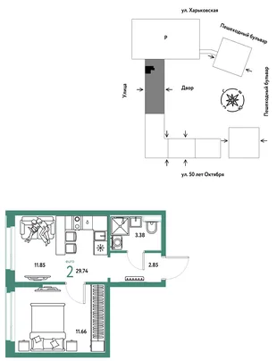 Планировка 2-комн. квартира, 29.74 м² ЖК «Сердце Сибири»