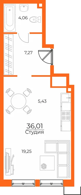 Планировка Студия, 36.01 м² ЖК «Живописный сад»
