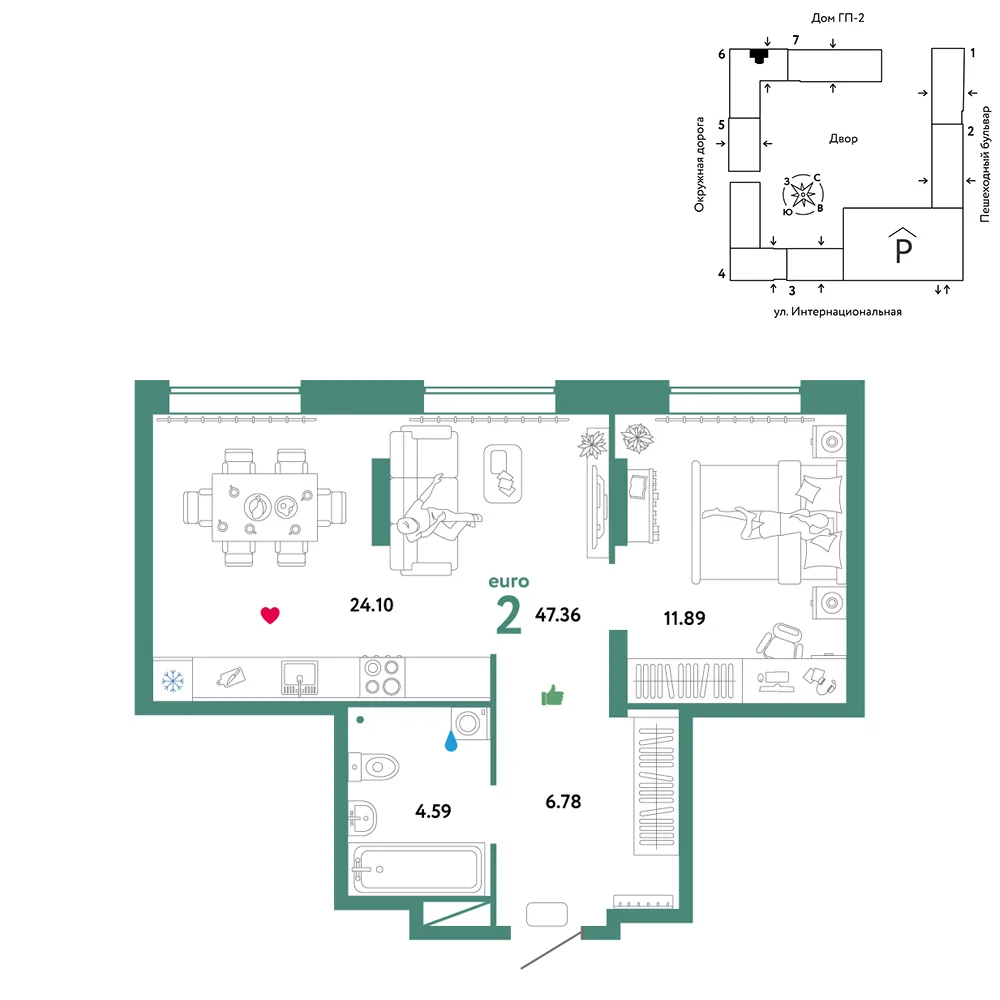 Планировка 2-комн. квартира, 47.36 м² ЖК «Юнион»