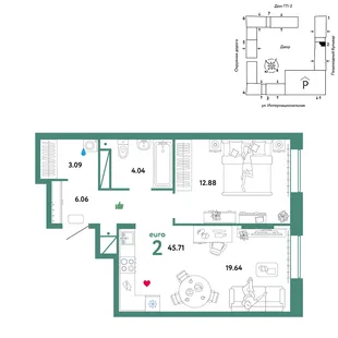 Планировка 2-комн. квартира, 45.71 м² ЖК «Юнион»