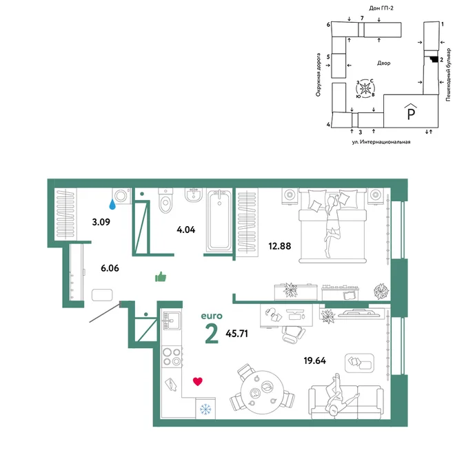 Планировка 2-комн. квартира, 45.71 м² ЖК «Юнион» Планировка 2-комн. квартира, 45.71 м² ЖК «Юнион»