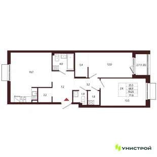Планировка 2-комн. квартира, 70.25 м² ЖК «Лисино»