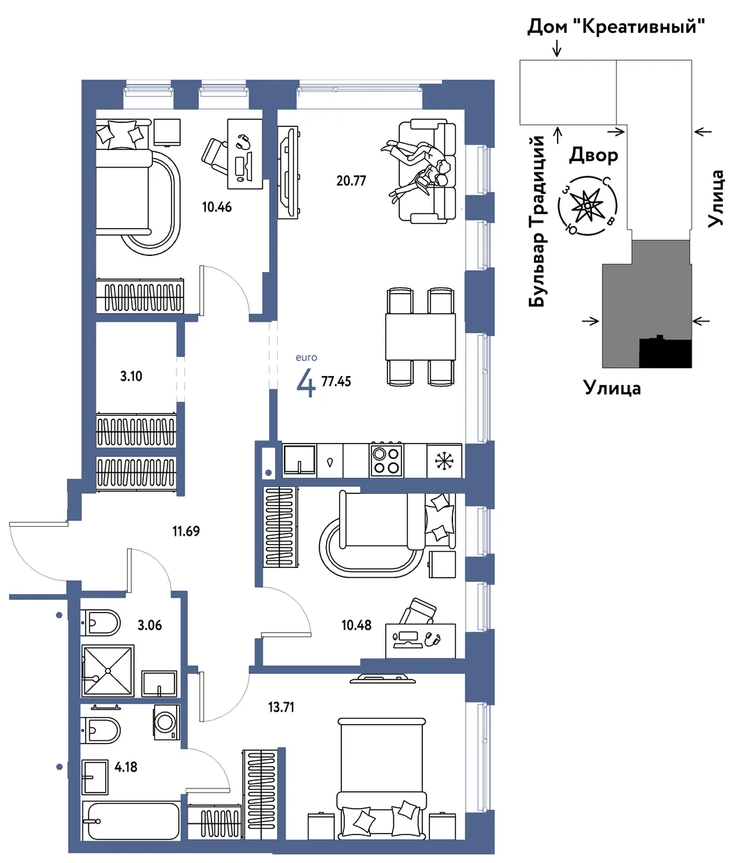 Планировка 4-комн. квартира, 77.45 м² ЖК «Микрорайон Домашний»