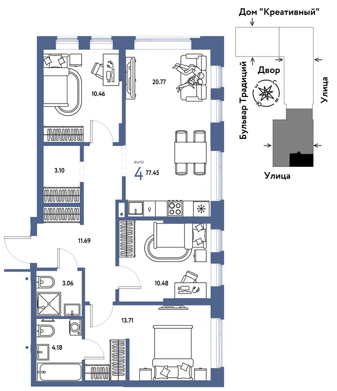 Планировка 4-комн. квартира, 77.45 м² ЖК «Микрорайон Домашний» Планировка 4-комн. квартира, 77.45 м² ЖК «Микрорайон Домашний»