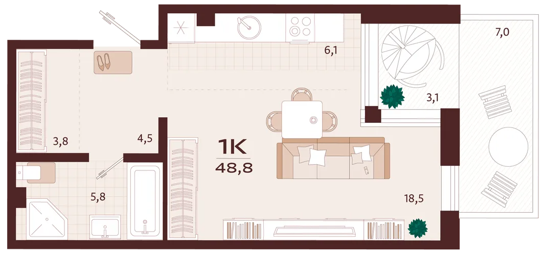Планировка 1-комн. квартира, 48.8 м² ЖК «Роялта»