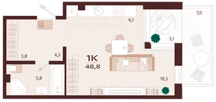 Планировка 1-комн. квартира, 48.8 м² ЖК «Роялта»