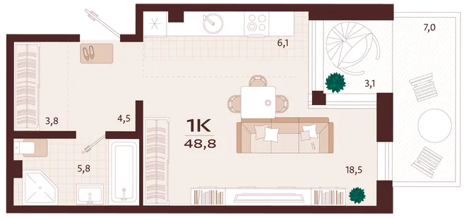 Планировка 1-комн. квартира, 48.8 м² ЖК «Роялта» Планировка 1-комн. квартира, 48.8 м² ЖК «Роялта»