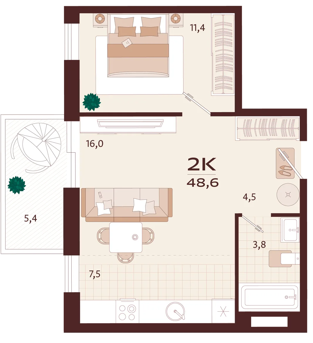 Планировка 2-комн. квартира, 48.6 м² ЖК «Роялта»