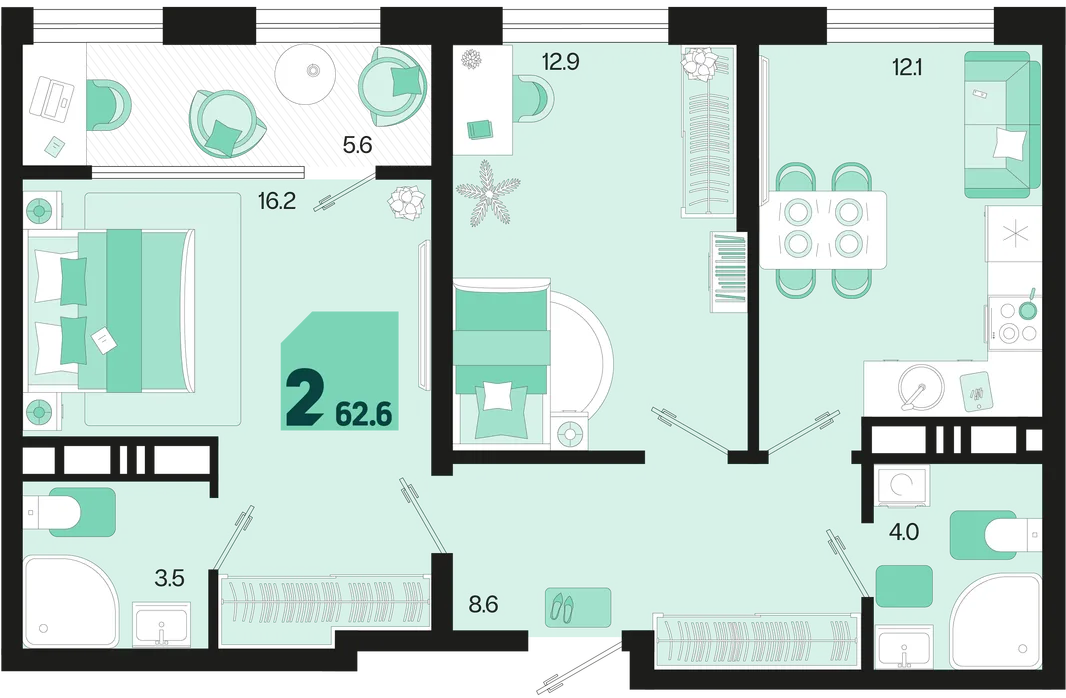 Планировка 2-комн. квартира, 62.9 м² ЖК «Первое место»