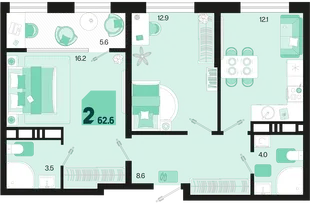 Планировка 2-комн. квартира, 62.9 м² ЖК «Первое место»