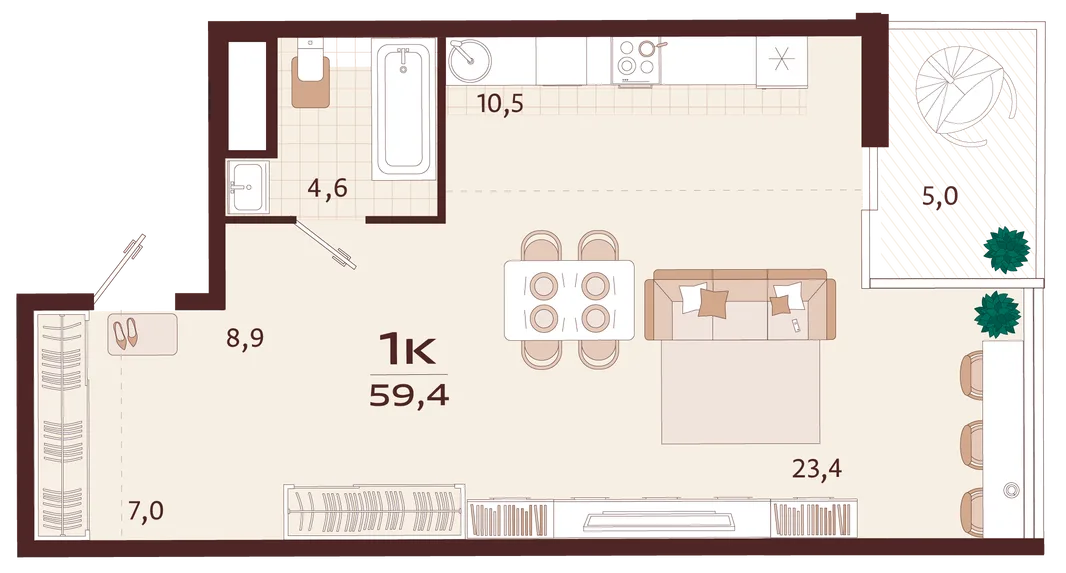 Планировка 1-комн. квартира, 59.4 м² ЖК «Роялта»